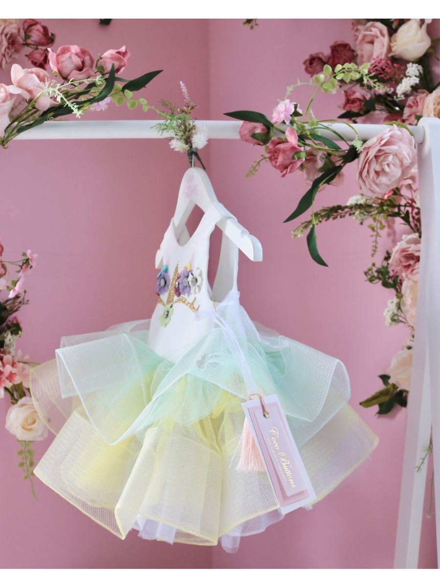 Mia Belle Girls 2-Tiered Crochet Long Flared Sleeve Unicorn Rainbow Dress